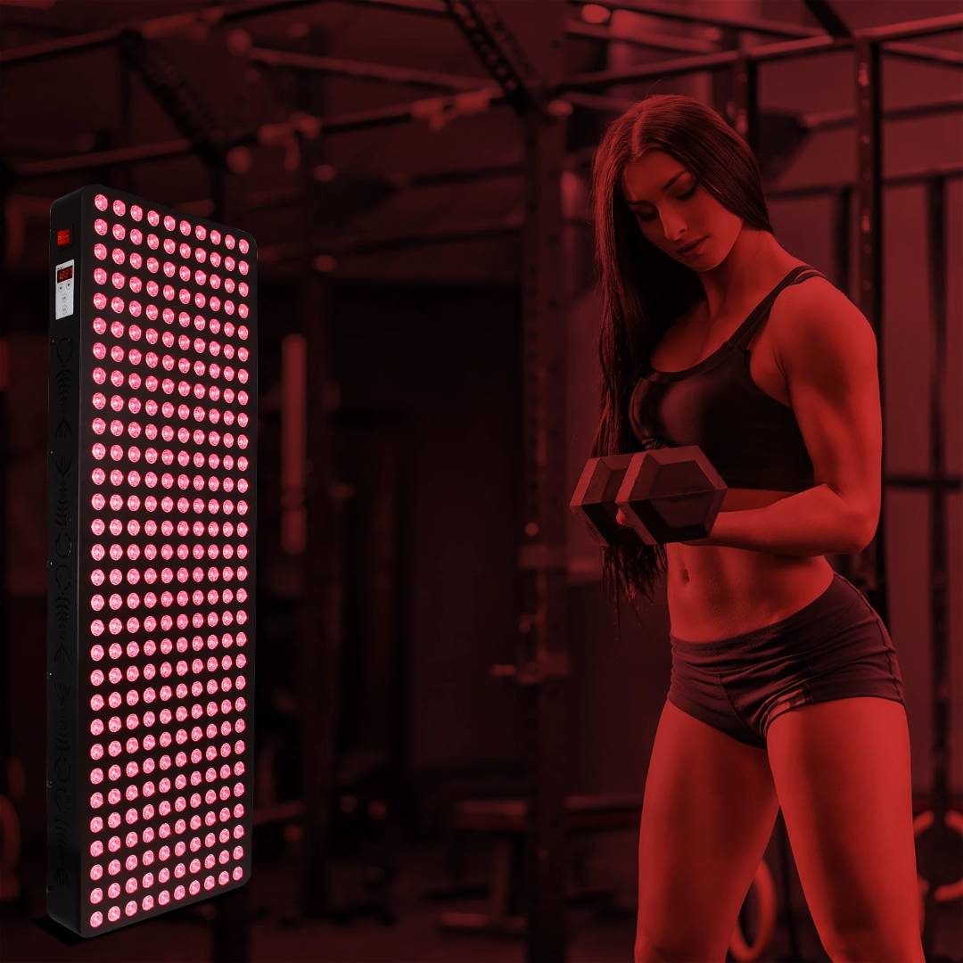 Woman exercising in front of a full body red and near-infrared light therapy panel for muscle recovery and pain relief