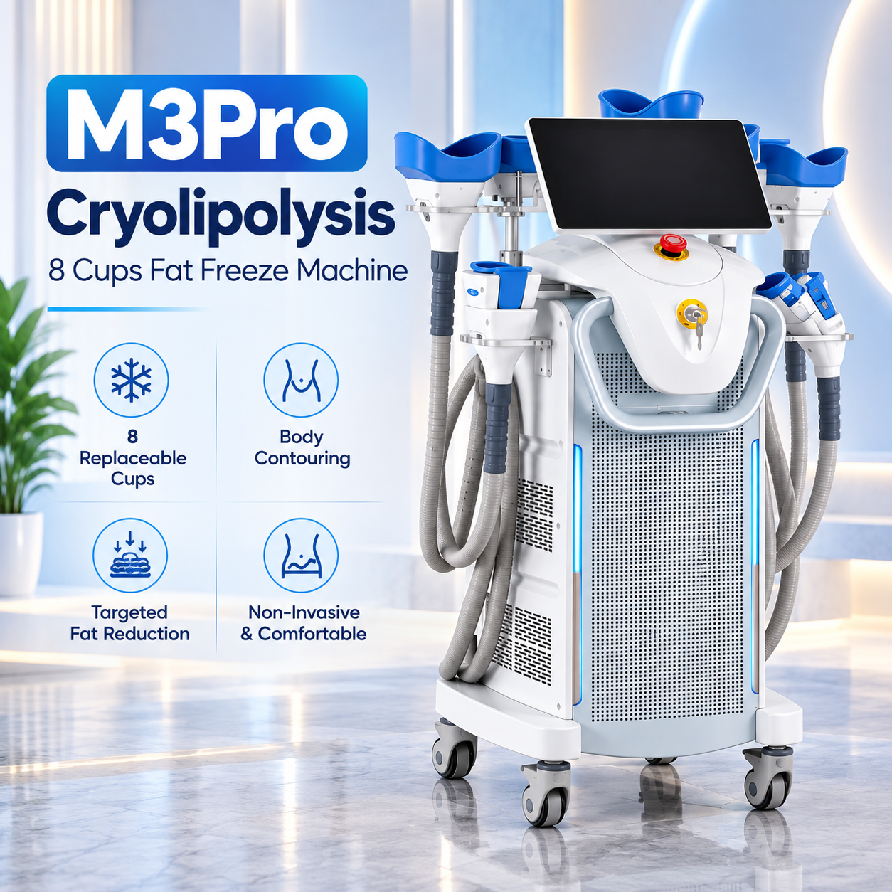 M3Pro cryolipolysis machine with 8 replaceable cups for professional fat freezing and body contouring