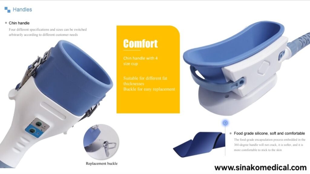 Large cryolipolysis treatment handle for M18 machine used for abdominal and thigh fat reduction.