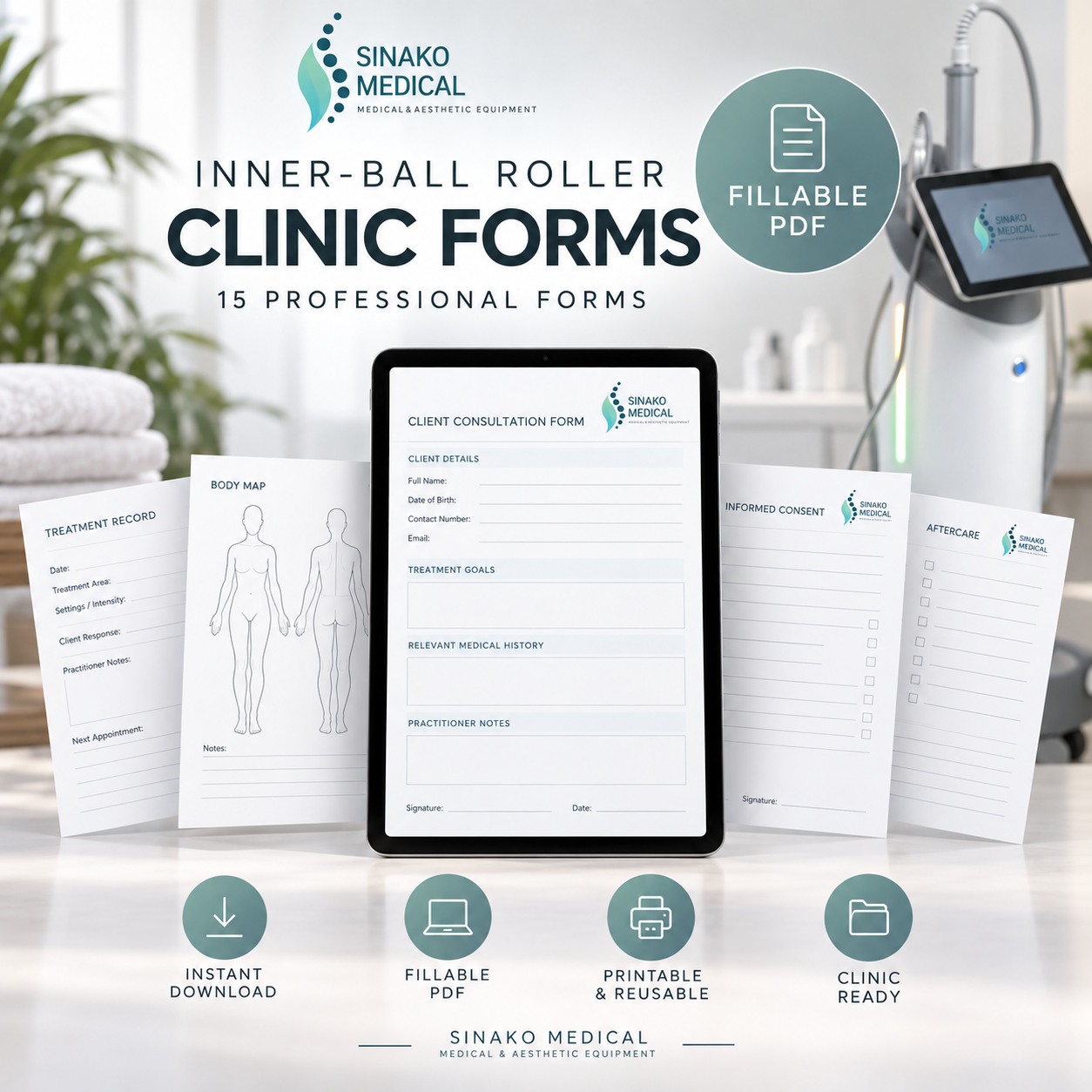 Professional aesthetic clinic documentation forms for Inner Ball Roller therapy and body contouring treatments