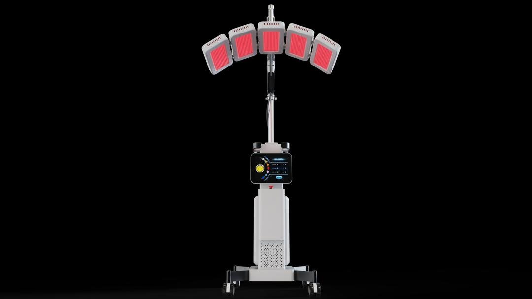 LED skin therapy machine with adjustable articulated treatment head and touchscreen